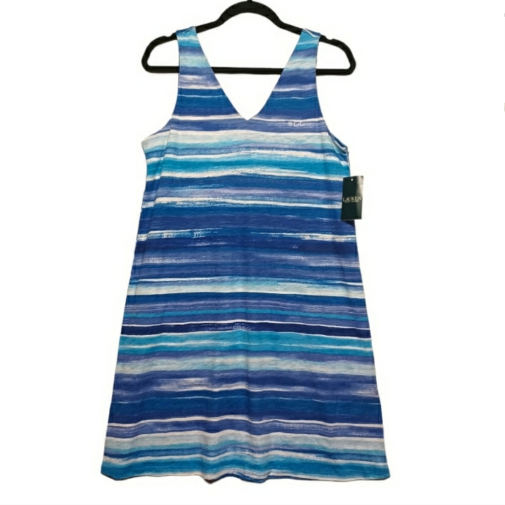 LAUREN RALPH LAUREN Blue White Stripe Print Sleeveless Shift Mini Dress S NWT
